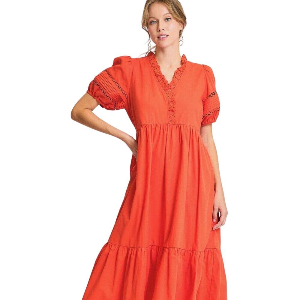 Umgee Boutique Coral Puff Sleeve Midi Dress | Resort Vacation | size M | NWT